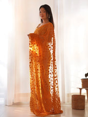 Women's Net Yellow Embroidered Designer Saree With Blouse Piece-AAVYA2802
