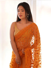Women's Net Yellow Embroidered Designer Saree With Blouse Piece-AAVYA2802