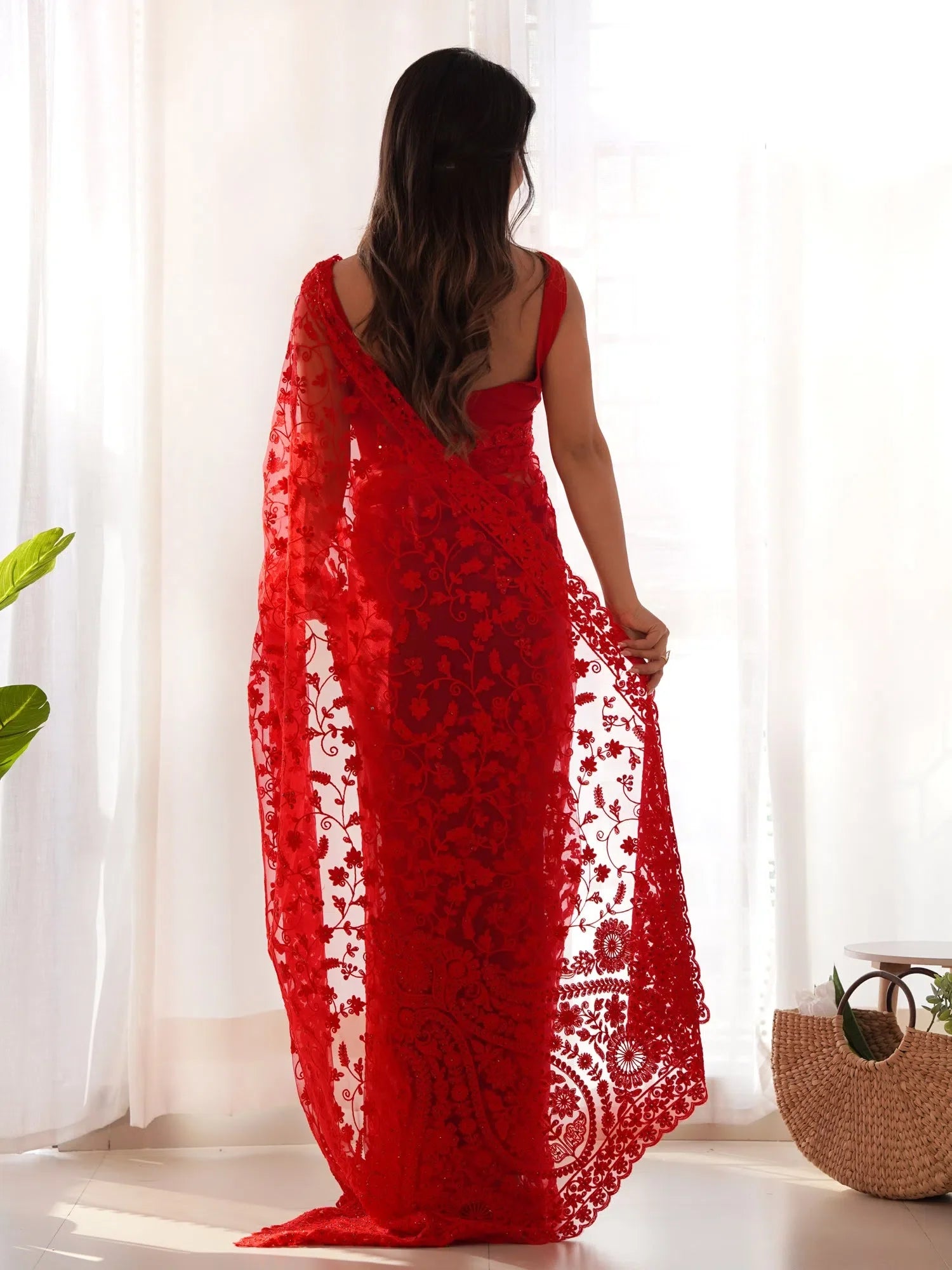 Embroidered Polyester Saree with Blouse - Indian Wedding Sarees