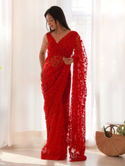 Women's Net Red Embroidered Designer Saree With Blouse Piece-AAVYA2804