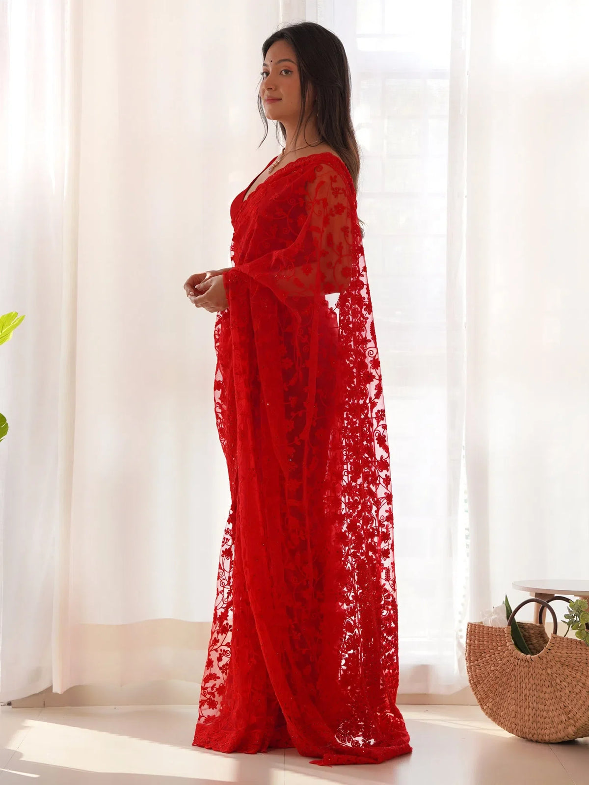 Women's Net Red Embroidered Designer Saree With Blouse Piece-AAVYA2804