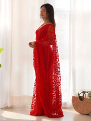 Women's Net Red Embroidered Designer Saree With Blouse Piece-AAVYA2804