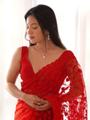 Women's Net Red Embroidered Designer Saree With Blouse Piece-AAVYA2804