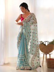 Women's Net Light Blue Embroidered Designer Saree With Blouse Piece-AAVYA3302