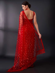 Women's Net Red Embellished Designer Saree With Blouse Piece-AAVYA3502