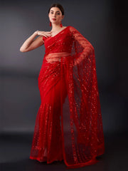 Women's Net Red Embellished Designer Saree With Blouse Piece-AAVYA3502