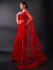 Women's Net Red Embellished Designer Saree With Blouse Piece-AAVYA3502
