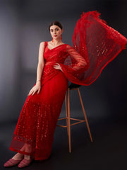 Women's Net Red Embellished Designer Saree With Blouse Piece-AAVYA3502