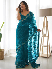 Women's Net Teal Blue Embellished Designer Saree With Blouse Piece-AAVYA4601