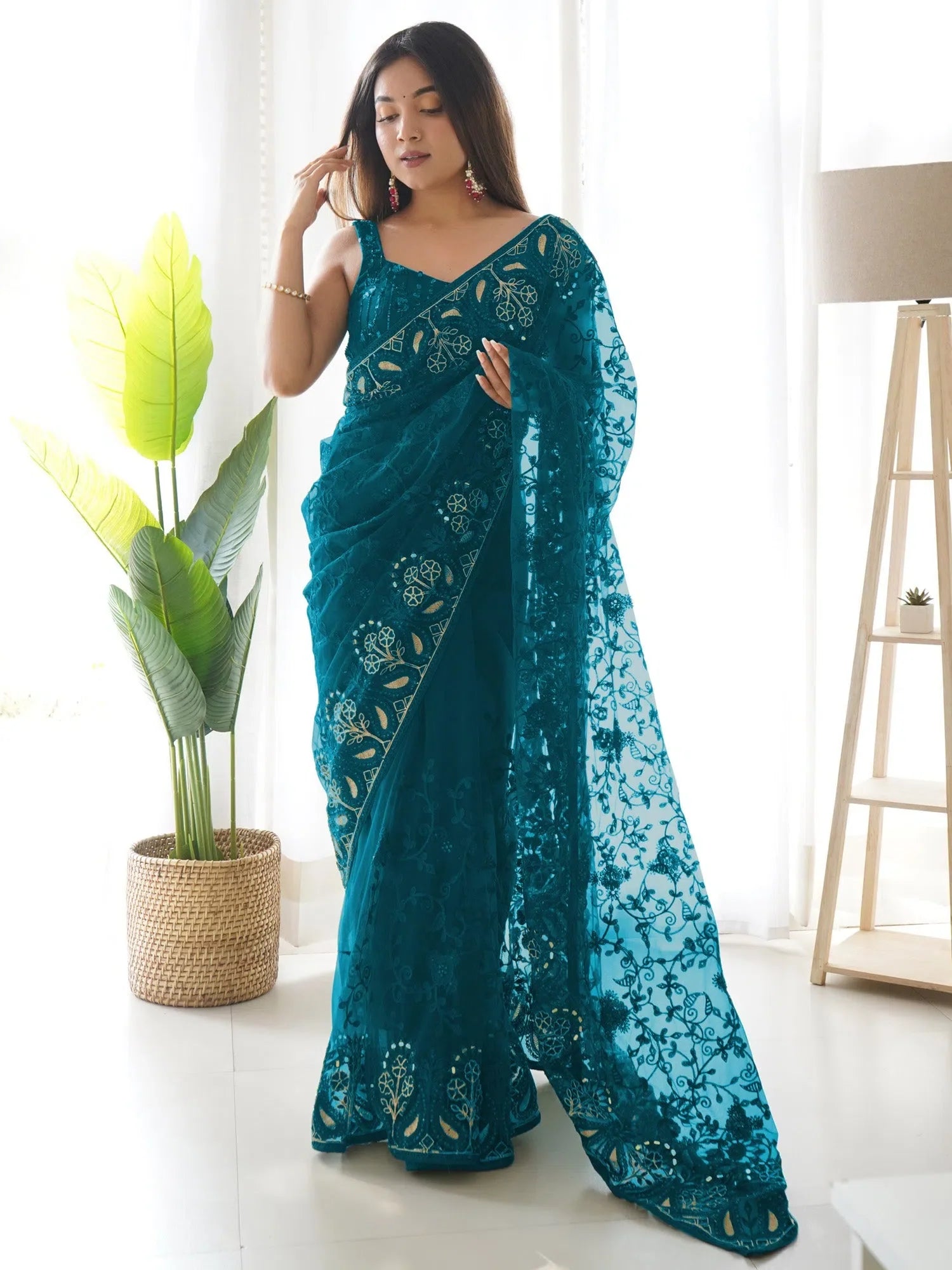 Teal Embellished Saree - Designer Indian Sarees