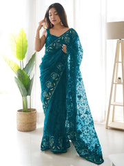Women's Net Teal Blue Embellished Designer Saree With Blouse Piece-AAVYA4601