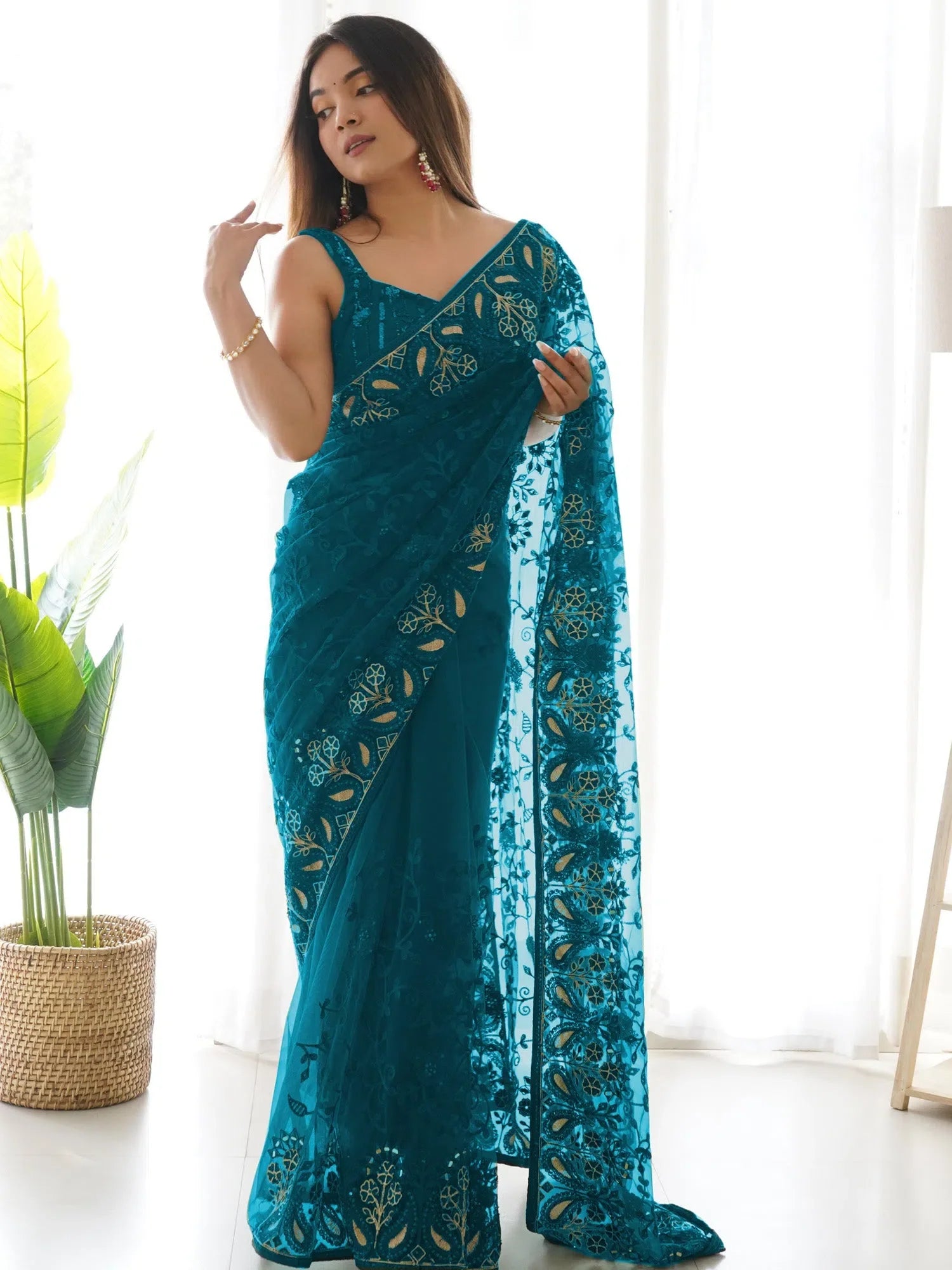 Teal Embellished Saree - Designer Indian Sarees