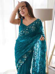 Women's Net Teal Blue Embellished Designer Saree With Blouse Piece-AAVYA4601