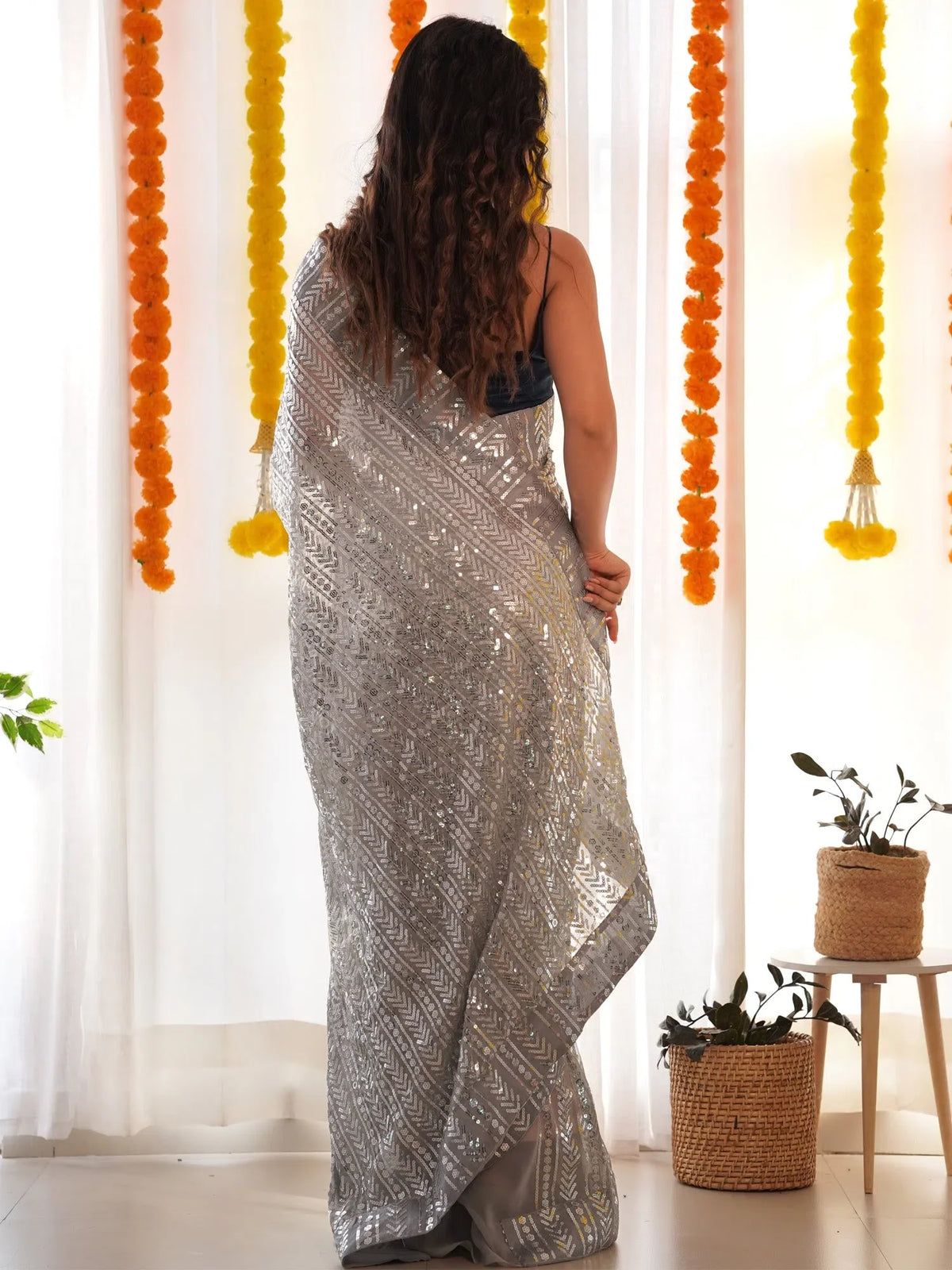 Women's Georgette Grey Embellished Designer Saree With Blouse Piece-AAVYA4901