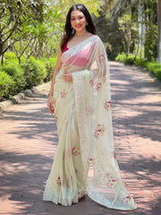 Women's Tissue Yellow Embellished Designer Saree With Blouse Piece-AAVYA5304