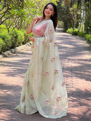 Women's Tissue Yellow Embellished Designer Saree With Blouse Piece-AAVYA5304