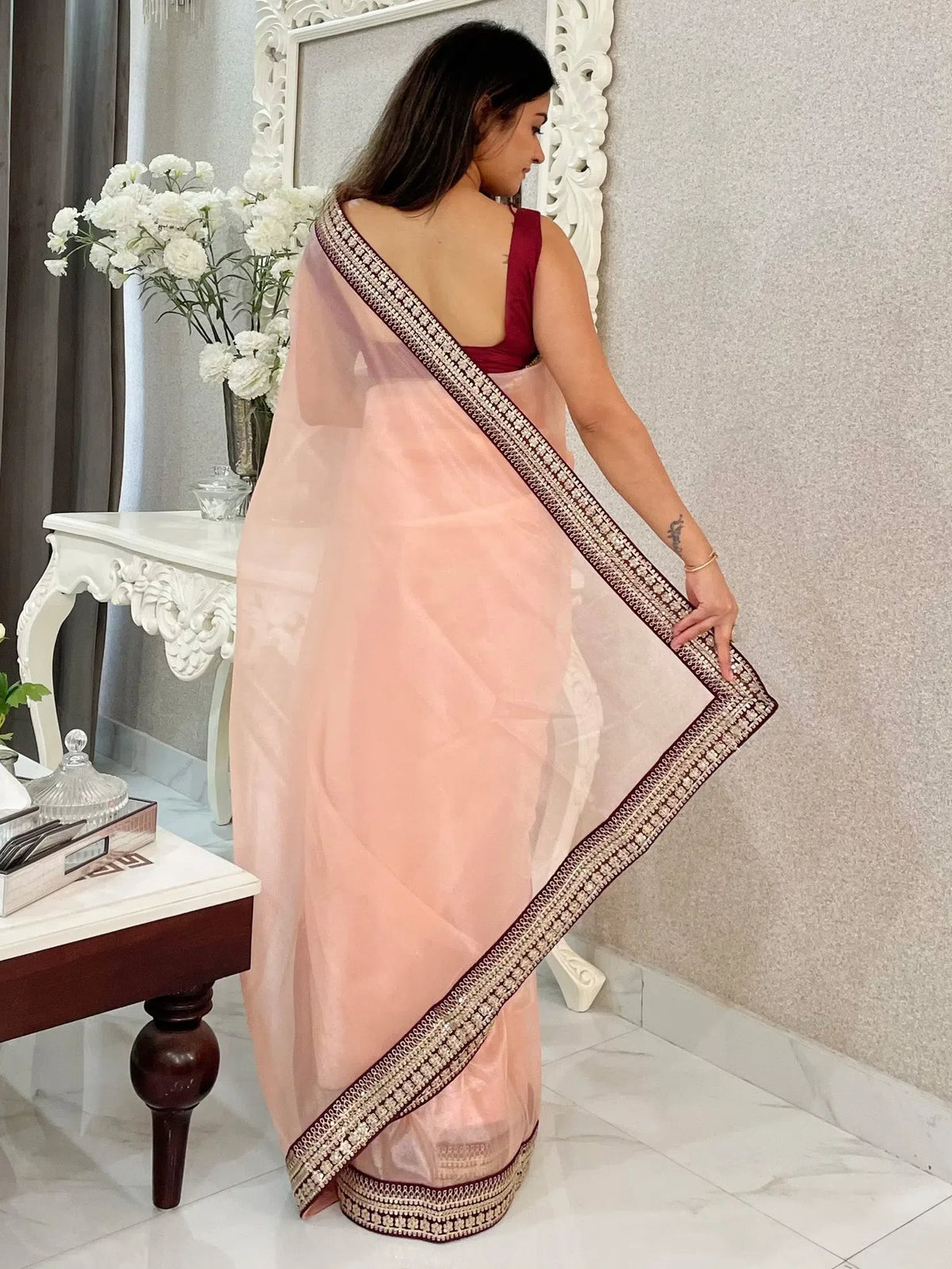 Women's Net Peach Embellished Designer Saree With Blouse Piece-AAVYA5402