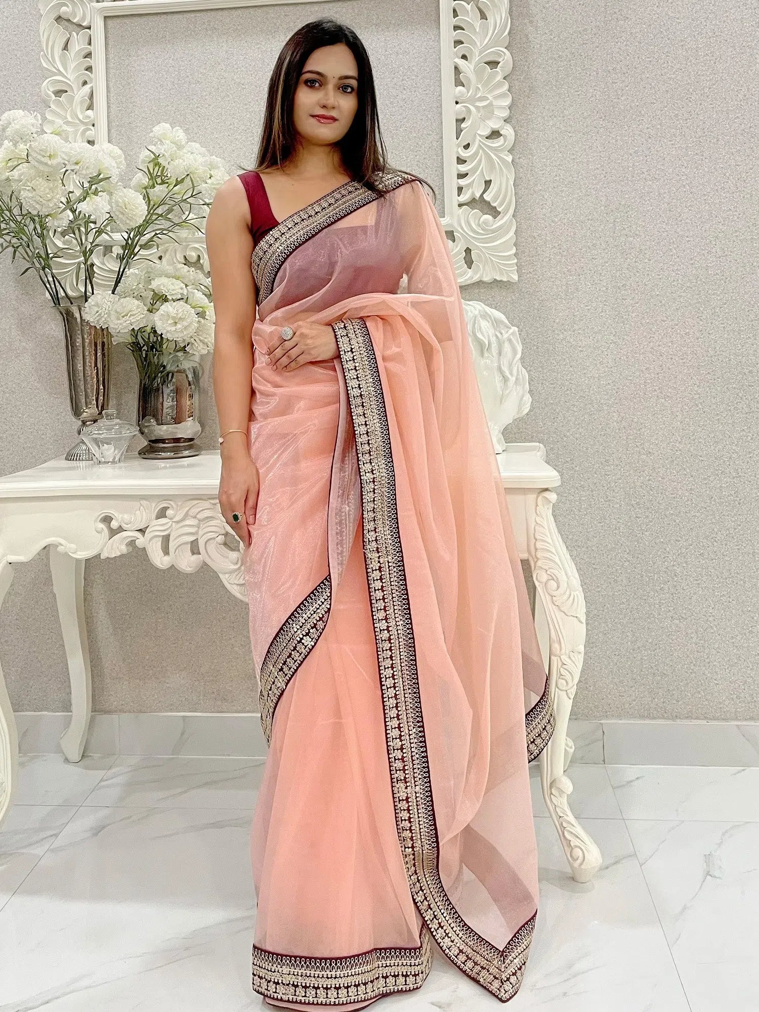 Peach Embellished Designer Saree | Indian Sari Collection