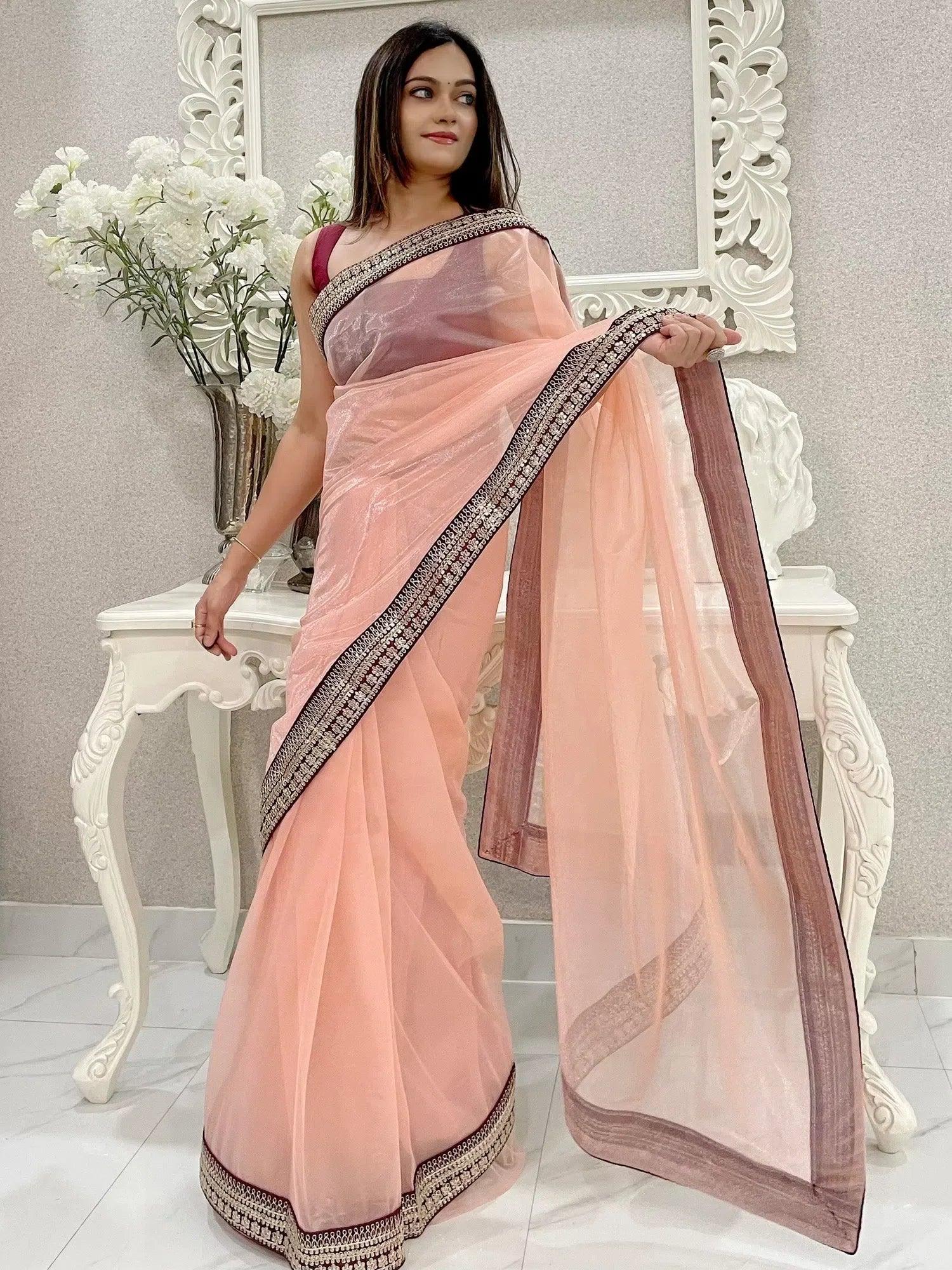 Peach Embellished Designer Saree | Indian Sari Collection