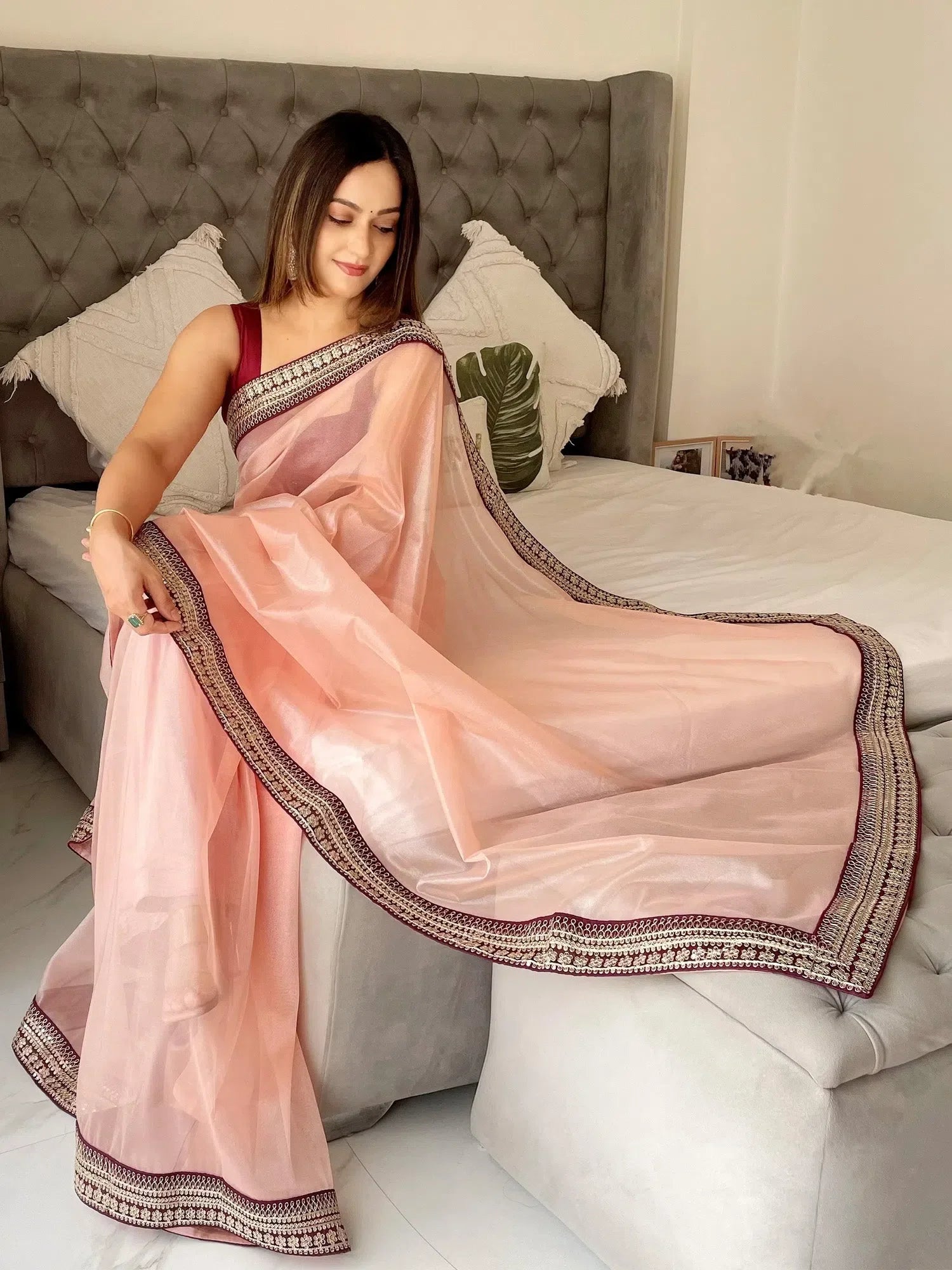 Peach Embellished Designer Saree | Indian Sari Collection