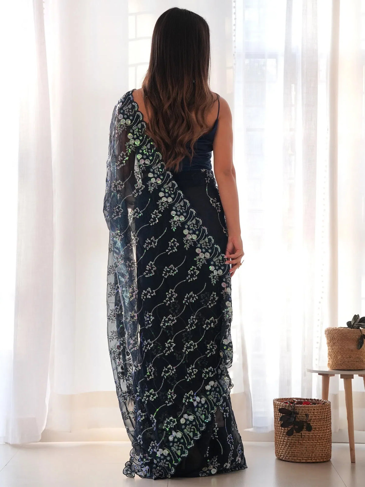 Women's Georgette Navy Blue Embellished Designer Saree With Blouse Piece-AAVYA5501