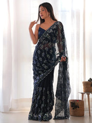 Women's Georgette Navy Blue Embellished Designer Saree With Blouse Piece-AAVYA5501