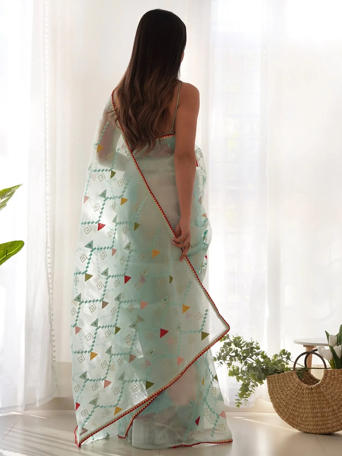 Women's Organza Light Blue Embellished Designer Saree With Blouse Piece-AAVYA5701