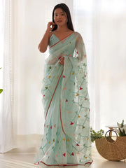 Women's Organza Light Blue Embellished Designer Saree With Blouse Piece-AAVYA5701