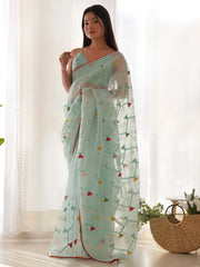 Women's Organza Light Blue Embellished Designer Saree With Blouse Piece-AAVYA5701