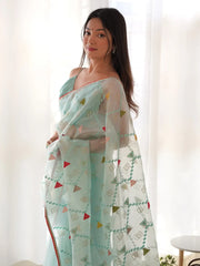 Women's Organza Light Blue Embellished Designer Saree With Blouse Piece-AAVYA5701