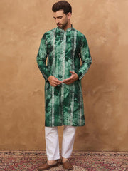 Ethnic Bay Men Green Silk Blend Shibori Embroidered Straight Kurta With Pant Set-MKSET1538