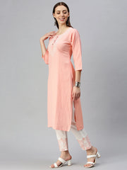 Women Straight Pink Embroidered Kurta and Trousers-AB2254-Pink