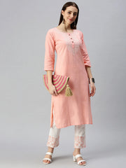 Women Straight Pink Embroidered Kurta and Trousers-AB2254-Pink