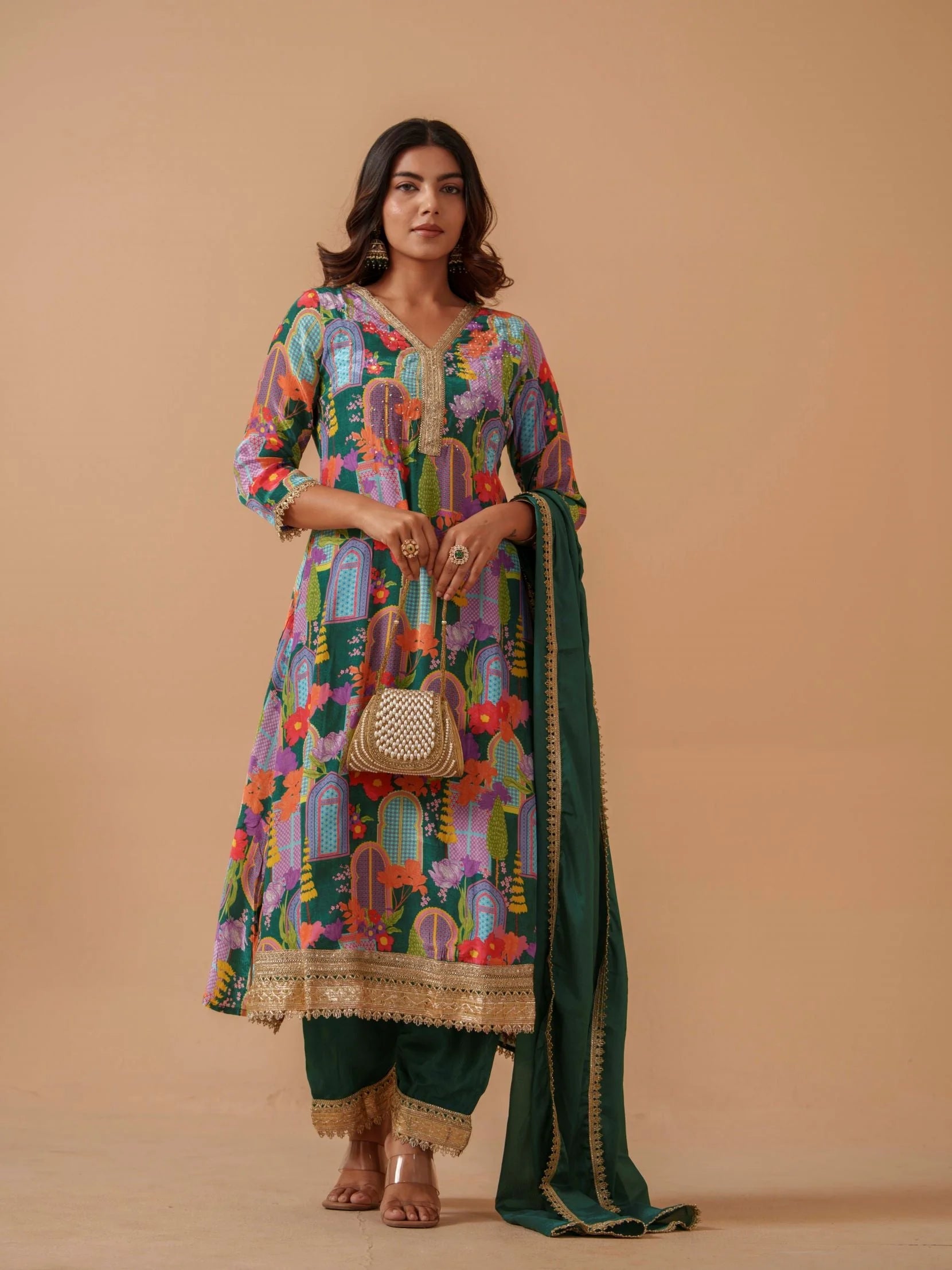 Green Santoon Embroidered Printed Kurta Set For Women