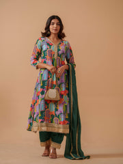 Green Santoon Embroidered Printed Kurta Set For Women-MLWSHKS4304GRN