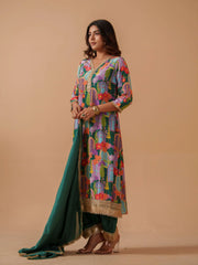Green Santoon Embroidered Printed Kurta Set For Women-MLWSHKS4304GRN