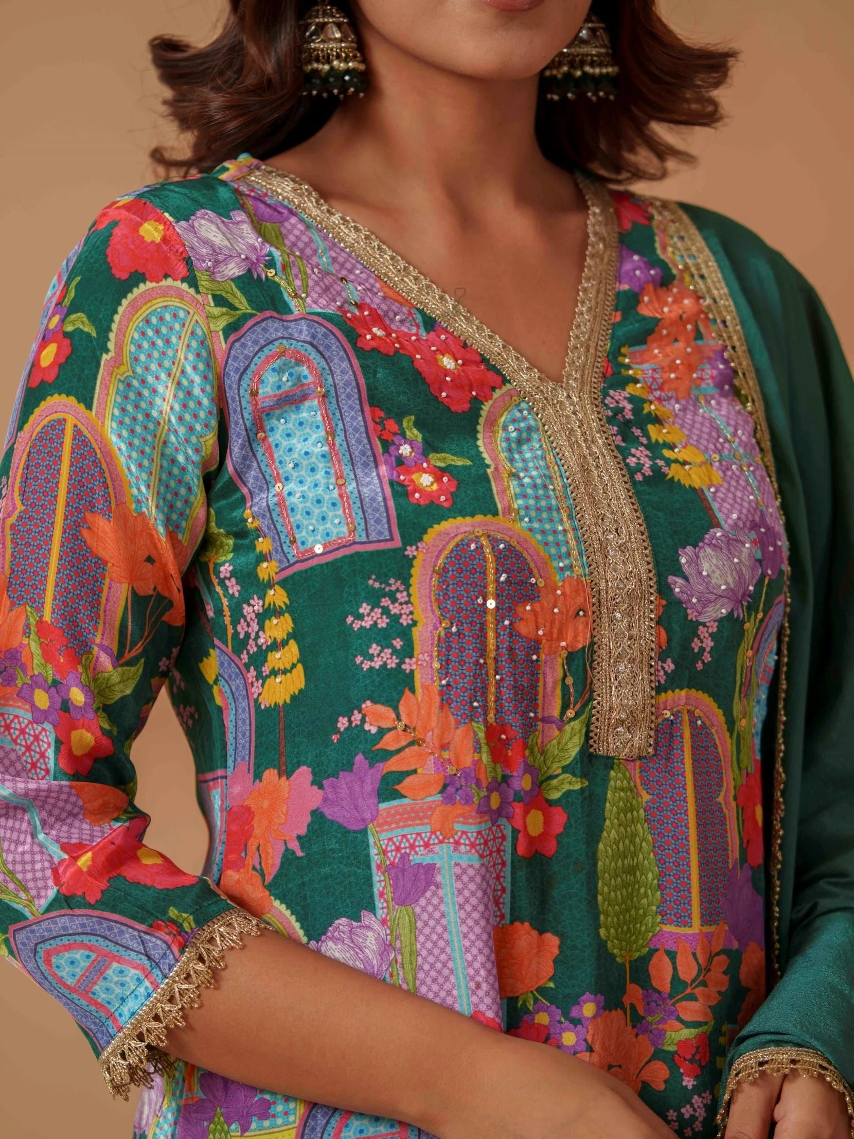 Green Santoon Embroidered Printed Kurta Set For Women