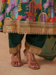 Green Santoon Embroidered Printed Kurta Set For Women-MLWSHKS4304GRN