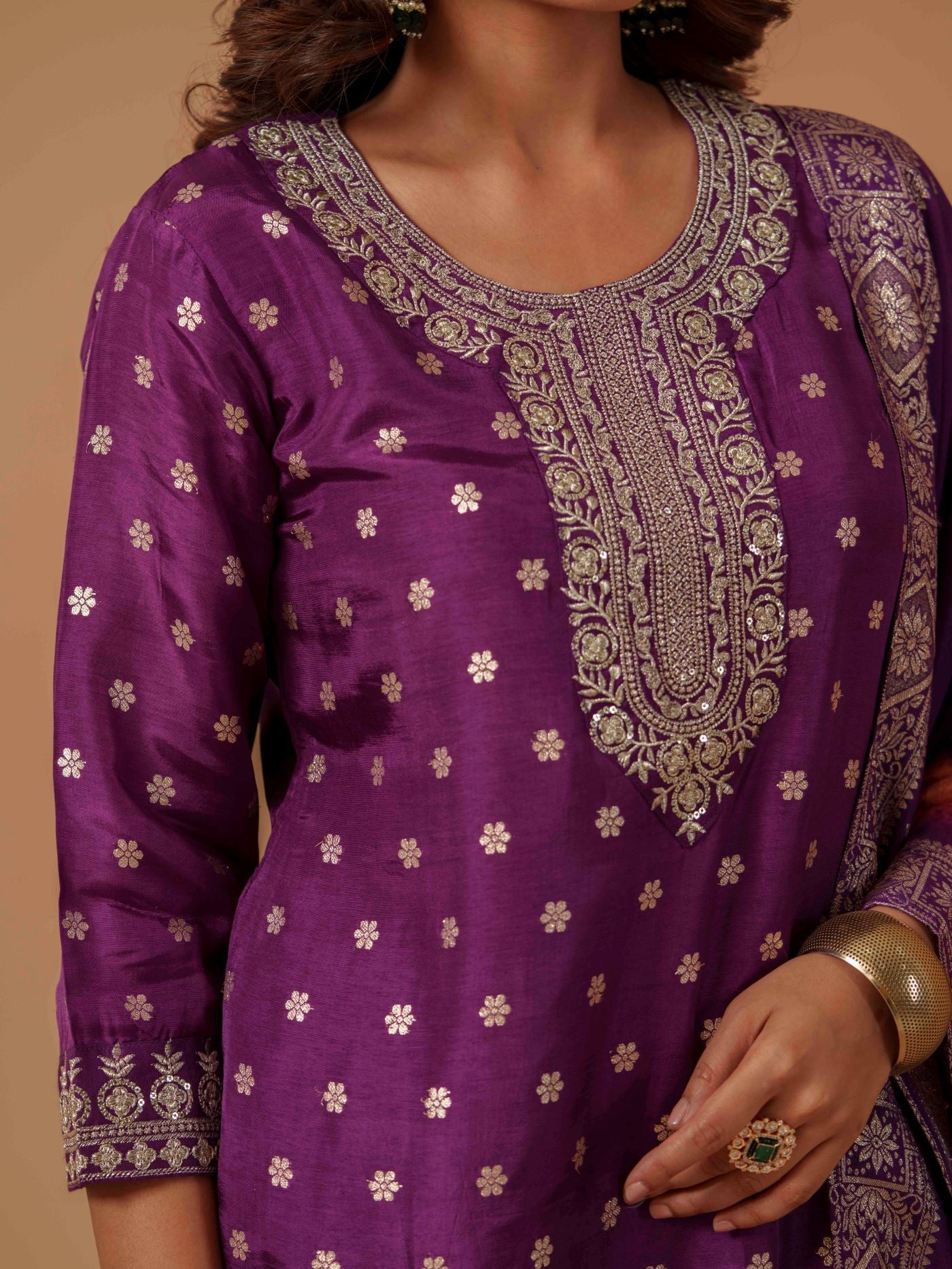 Purple Santoon Embroidered Kurta Set For Women