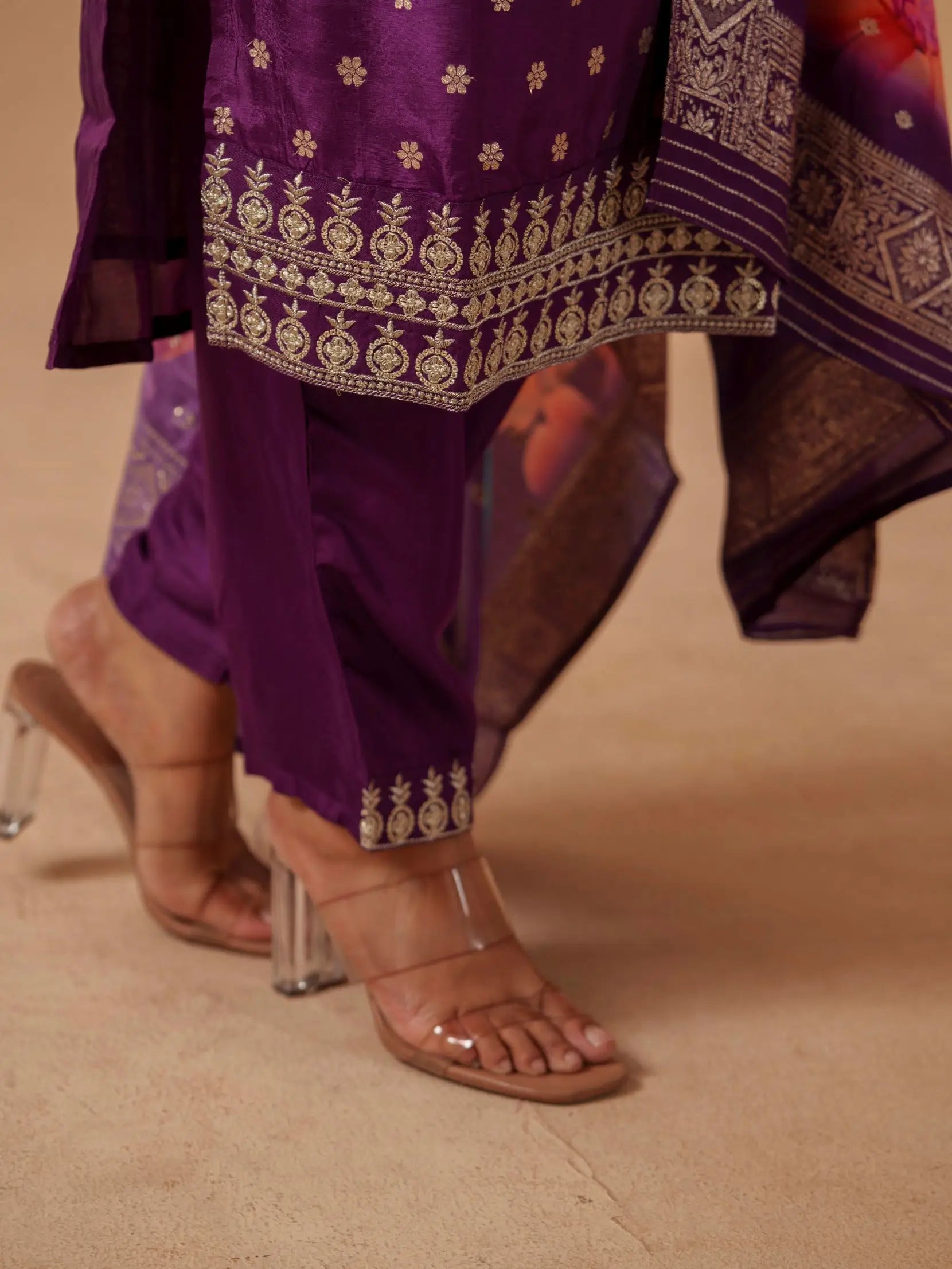 Purple Santoon Embroidered Kurta Set For Women