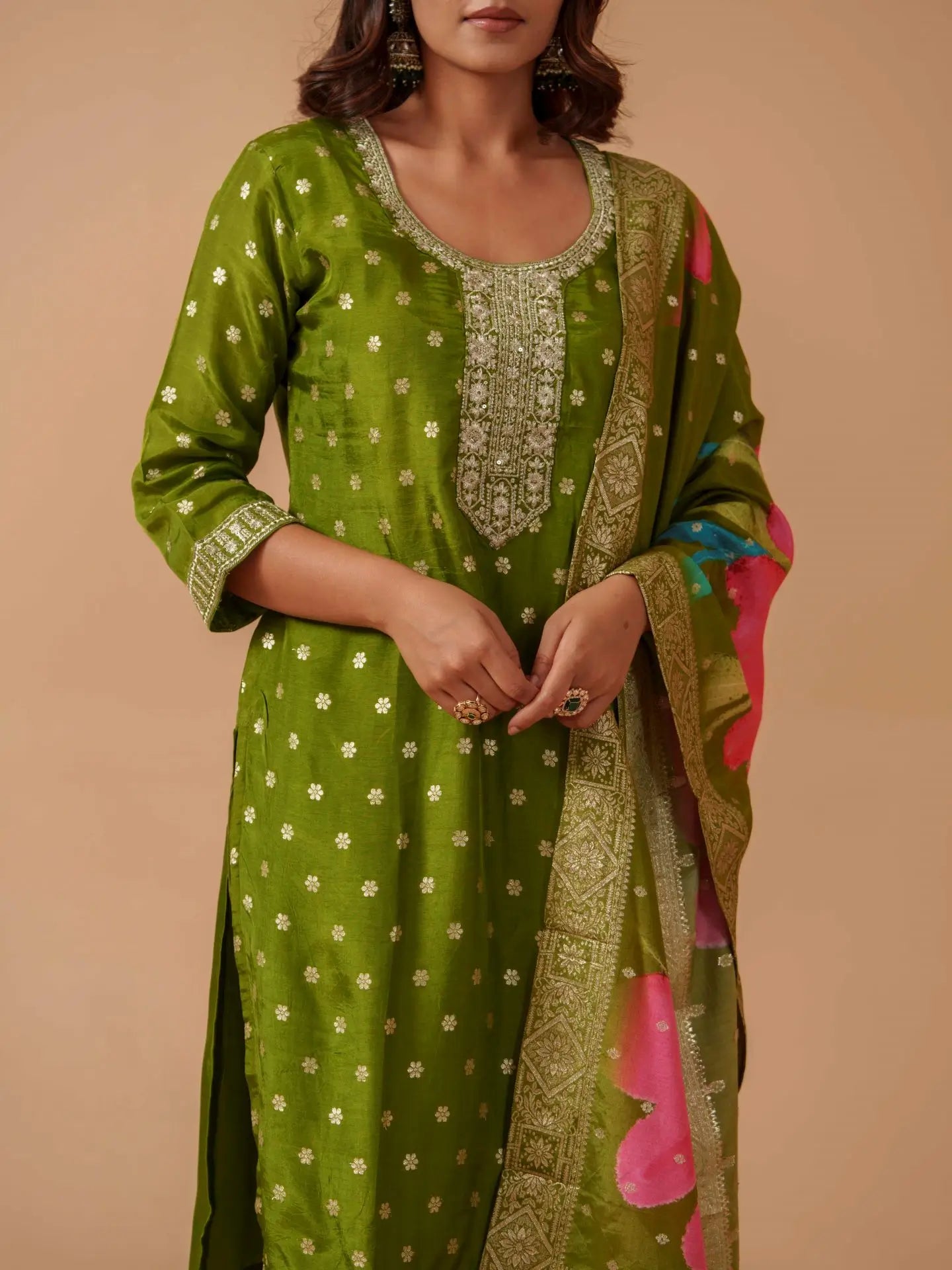Green Santoon Embroidered Kurta Set For Women
