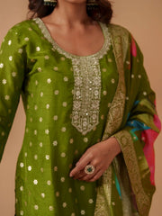 Green Santoon Embroidered Kurta Set For Women-MLWSHKS4307GRN