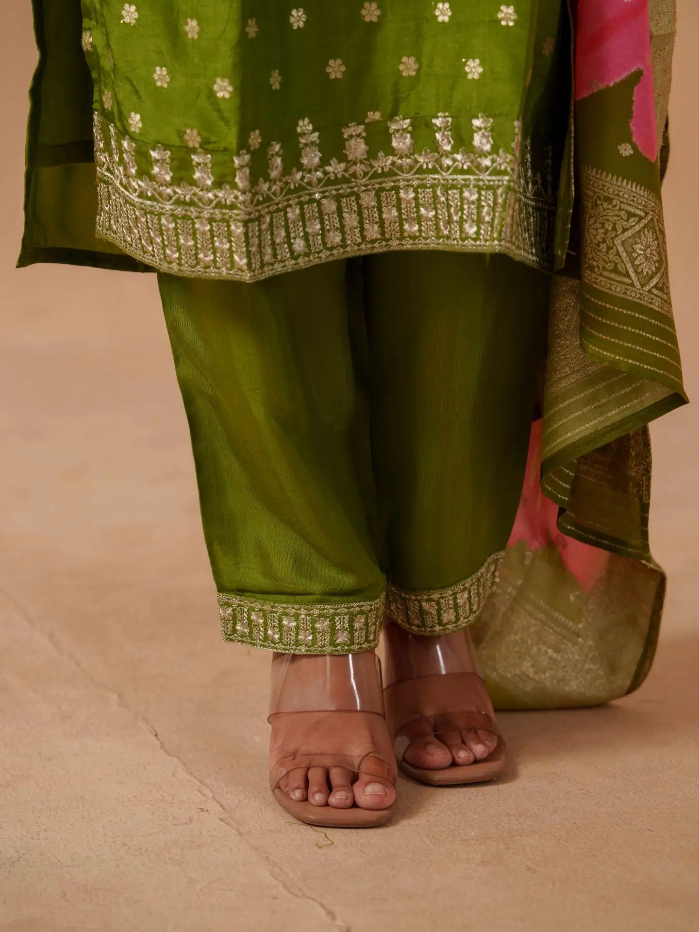 Green Santoon Embroidered Kurta Set For Women