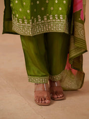 Green Santoon Embroidered Kurta Set For Women-MLWSHKS4307GRN