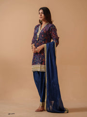 Navy Blue Santoon Embroidered Kurta Set For Women-MLWSHKS4305MBL