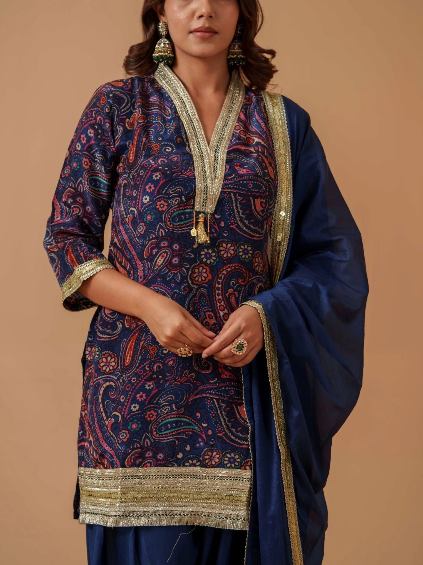 Navy Blue Santoon Embroidered Kurta Set For Women