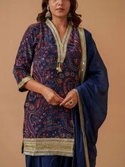 Navy Blue Santoon Embroidered Kurta Set For Women-MLWSHKS4305MBL
