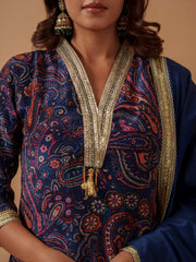 Navy Blue Santoon Embroidered Kurta Set For Women-MLWSHKS4305MBL