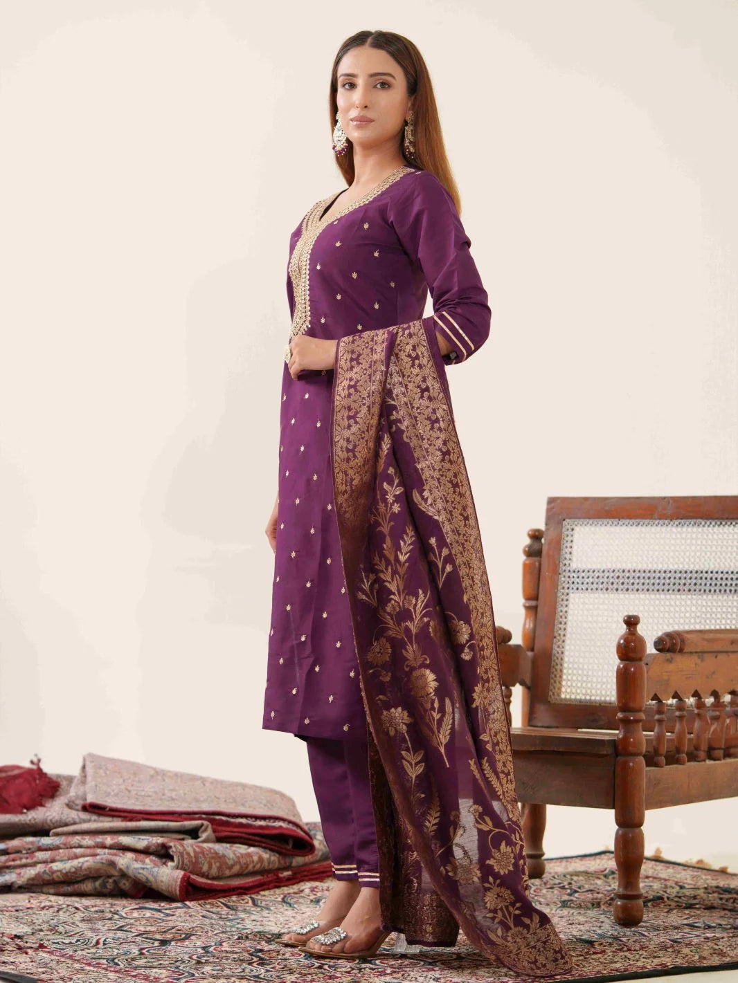 Wine Colour Roman Silk Top Bottom With Jequard Dupatta Set