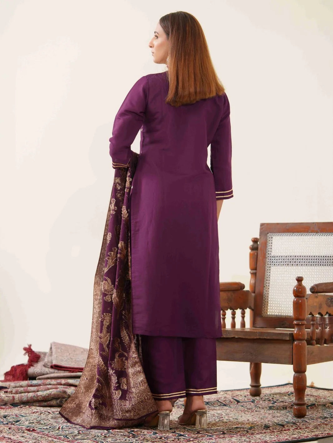 Wine Colour Roman Silk Top Bottom With Jequard Dupatta Set